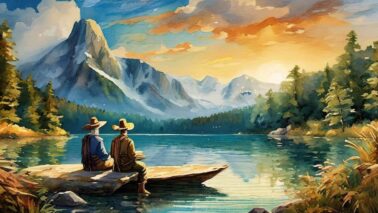 Firefly Karl Mays Buchcharaktere Winnetou und Old Shatterhand an einem schoenen See sitzend am Ufer