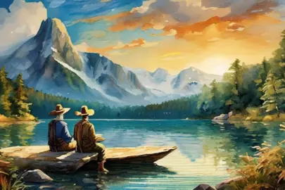 Firefly Karl Mays Buchcharaktere Winnetou und Old Shatterhand an einem schoenen See sitzend am Ufer