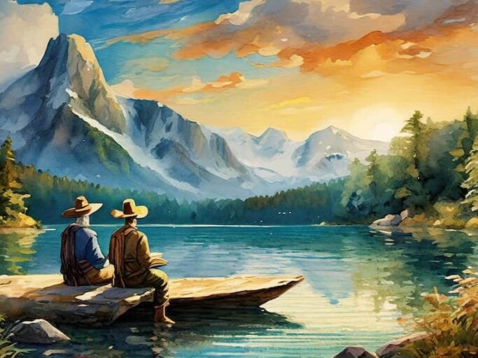 Firefly Karl Mays Buchcharaktere Winnetou und Old Shatterhand an einem schoenen See sitzend am Ufer