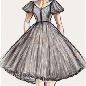 Bleistift Zeichnung eines Damenkleides im Stile von Christian Dior