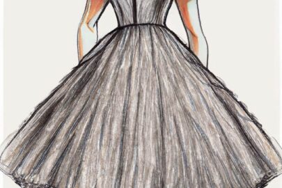 Bleistift Zeichnung eines Damenkleides im Stile von Christian Dior