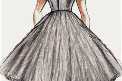 Bleistift Zeichnung eines Damenkleides im Stile von Christian Dior