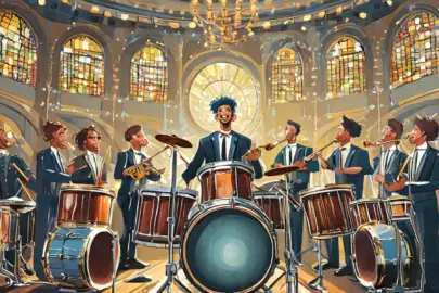 Firefly Grosse Soulband auf einer Buehne mit 3 Schlagzeugen vielen Blaesern und Saengern. Der Blick wei