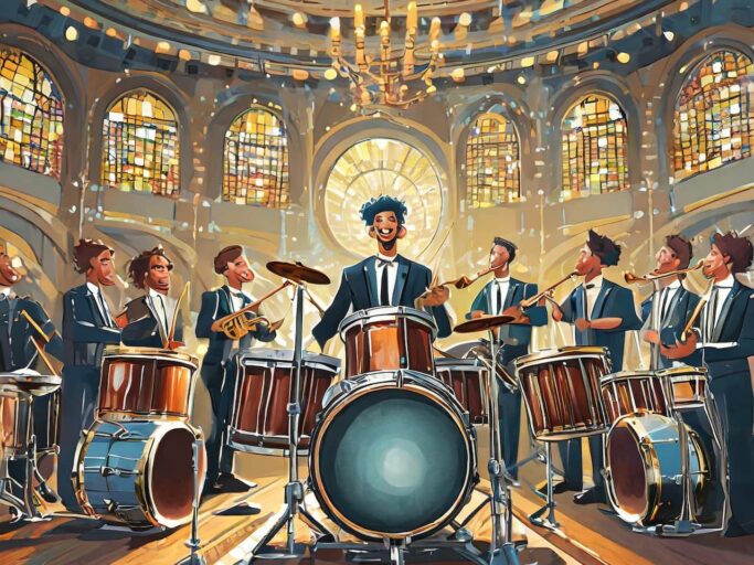 Firefly Grosse Soulband auf einer Buehne mit 3 Schlagzeugen vielen Blaesern und Saengern. Der Blick wei