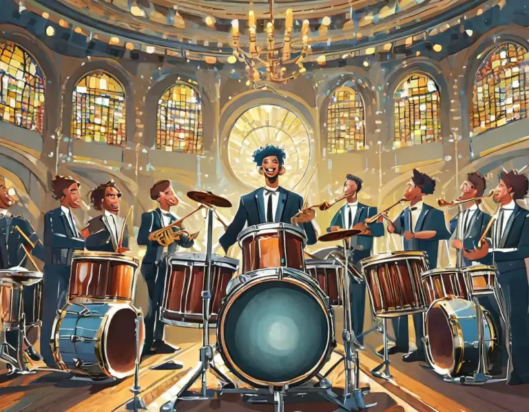 Firefly Grosse Soulband auf einer Buehne mit 3 Schlagzeugen vielen Blaesern und Saengern. Der Blick wei