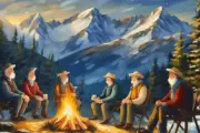 Firefly Gute Freunde 5 aeltere Maenner sitzen in der Nacht an einem Lagerfeuer. Im Hintergrund sieht