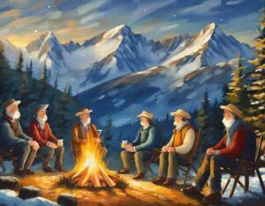 Firefly Gute Freunde 5 aeltere Maenner sitzen in der Nacht an einem Lagerfeuer. Im Hintergrund sieht