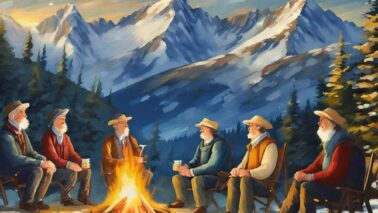 Firefly Gute Freunde 5 aeltere Maenner sitzen in der Nacht an einem Lagerfeuer. Im Hintergrund sieht