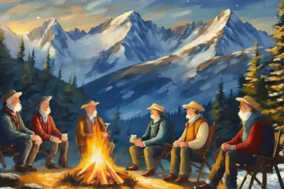 Firefly Gute Freunde 5 aeltere Maenner sitzen in der Nacht an einem Lagerfeuer. Im Hintergrund sieht