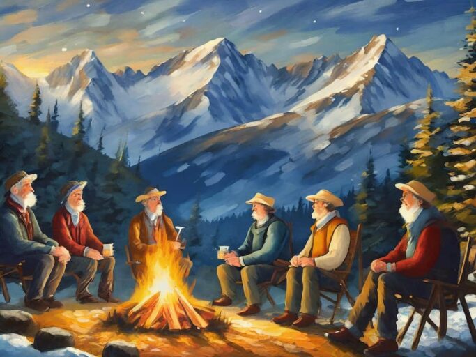 Firefly Gute Freunde 5 aeltere Maenner sitzen in der Nacht an einem Lagerfeuer. Im Hintergrund sieht