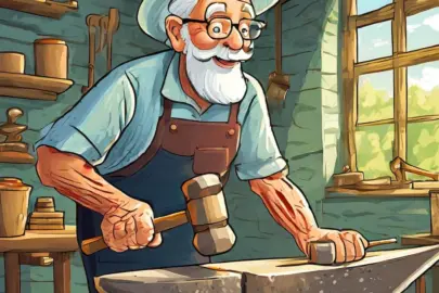 Firefly altmodische Werkstatt in der ein aelterer Mann den Hammer auf einem Amboss schlaegt. 6021