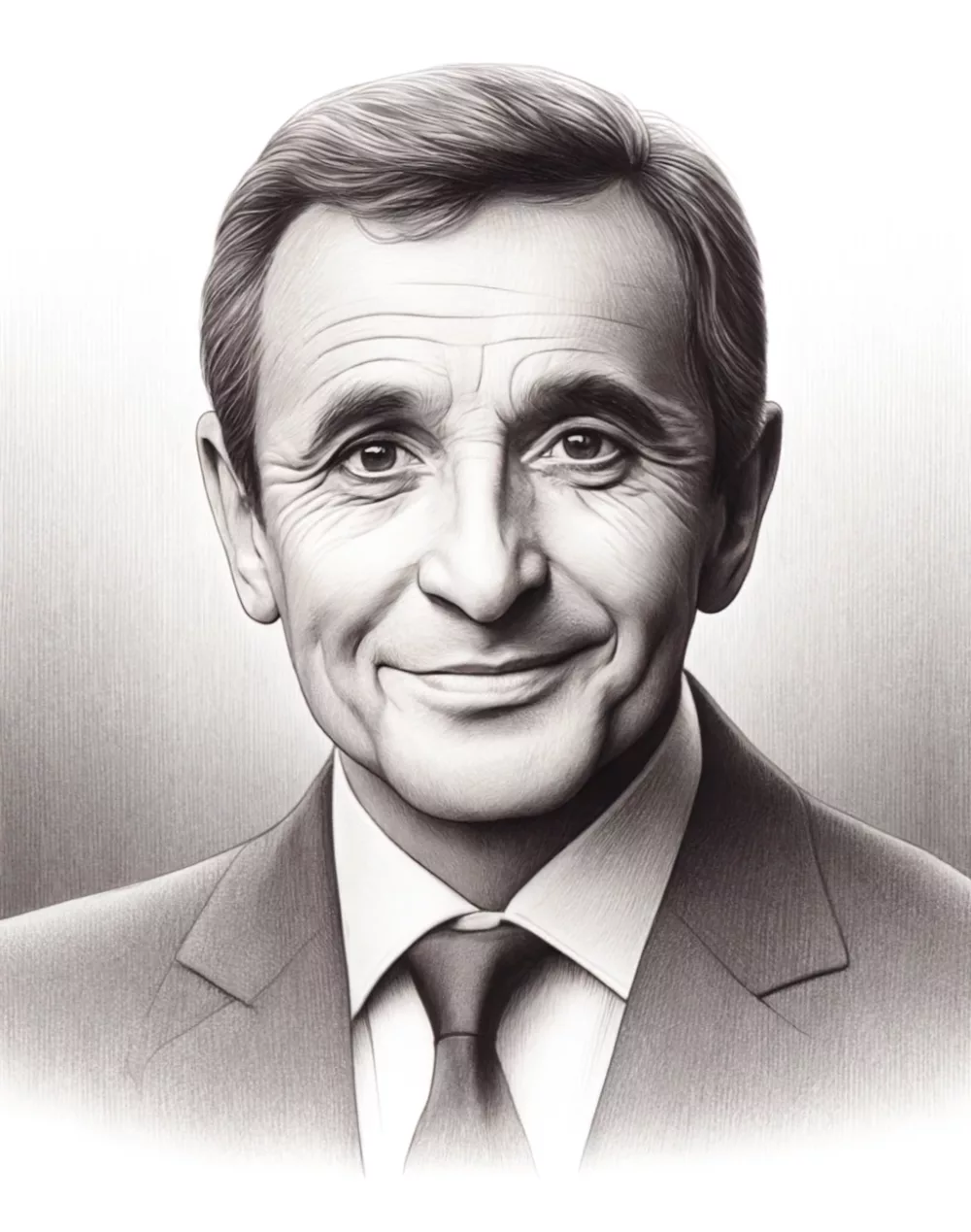 DALL·E 2024 05 18 12.33.00 A detailed pencil drawing of Charles Aznavour. He has a kind and expressive face with deep set eyes prominent cheekbones and a gentle smile. His hai