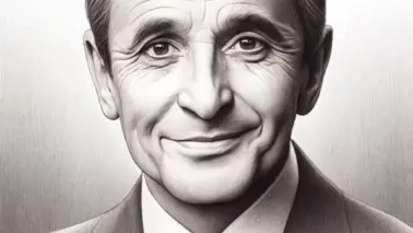 DALL·E 2024 05 18 12.33.00 A detailed pencil drawing of Charles Aznavour. He has a kind and expressive face with deep set eyes prominent cheekbones and a gentle smile. His hai