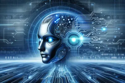 DALL·E 2024 05 19 17.12.03 A symbolic representation of artificial intelligence suitable for a blog article. The image includes a futuristic sleek design. In the center a hum