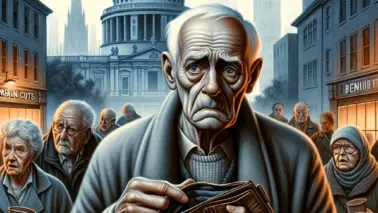DALL·E 2024 05 21 15.53.15 A dramatic scene showing the impact of pension cuts. The image depicts an elderly person with a worried expression, holding an empty wallet. The backg
