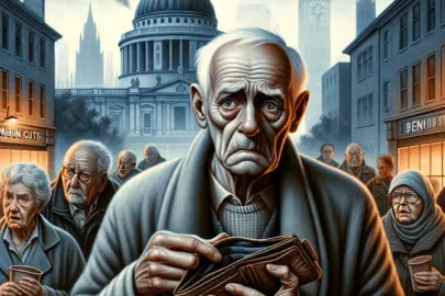 DALL·E 2024 05 21 15.53.15 A dramatic scene showing the impact of pension cuts. The image depicts an elderly person with a worried expression, holding an empty wallet. The backg