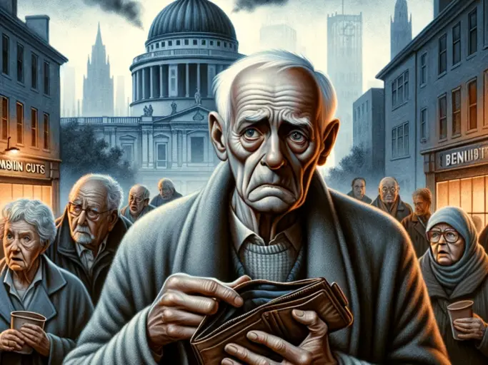 DALL·E 2024 05 21 15.53.15 A dramatic scene showing the impact of pension cuts. The image depicts an elderly person with a worried expression, holding an empty wallet. The backg