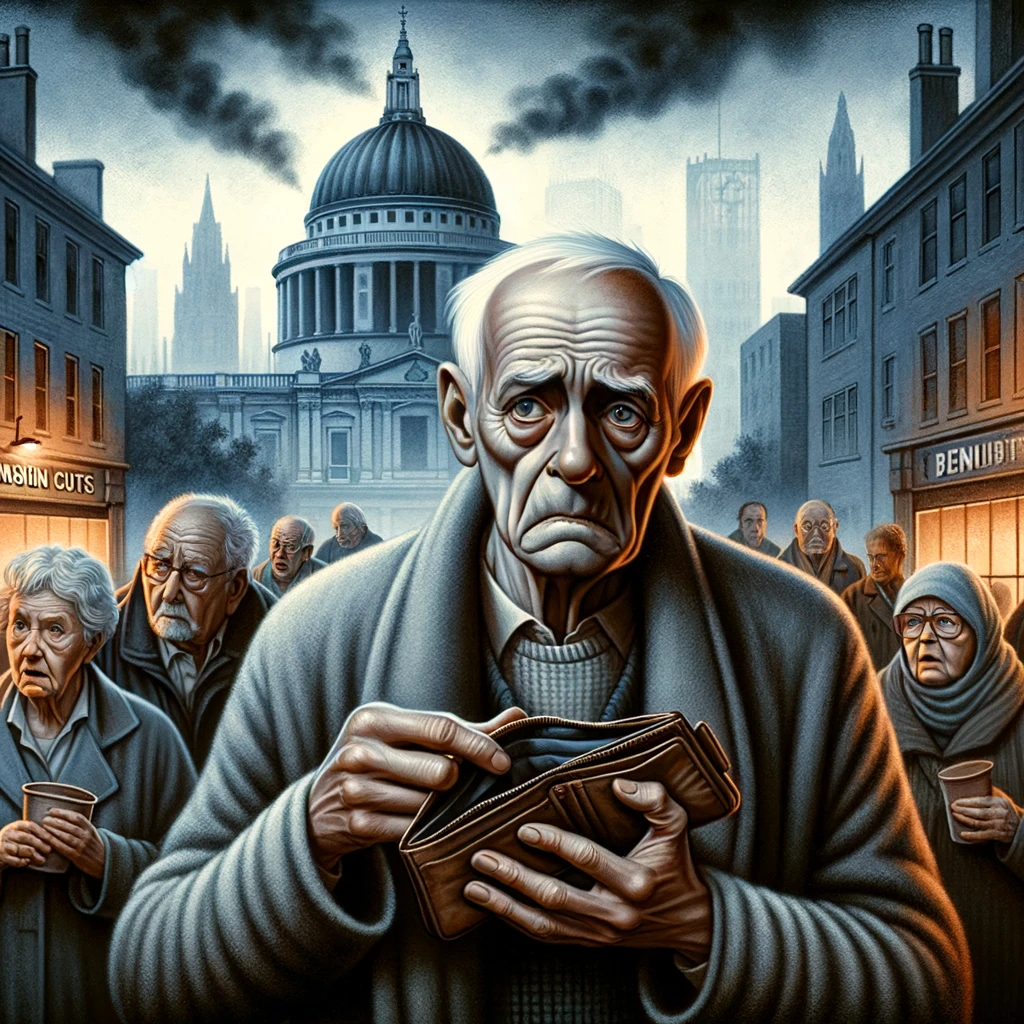 DALL·E 2024 05 21 15.53.15 A dramatic scene showing the impact of pension cuts. The image depicts an elderly person with a worried expression, holding an empty wallet. The backg