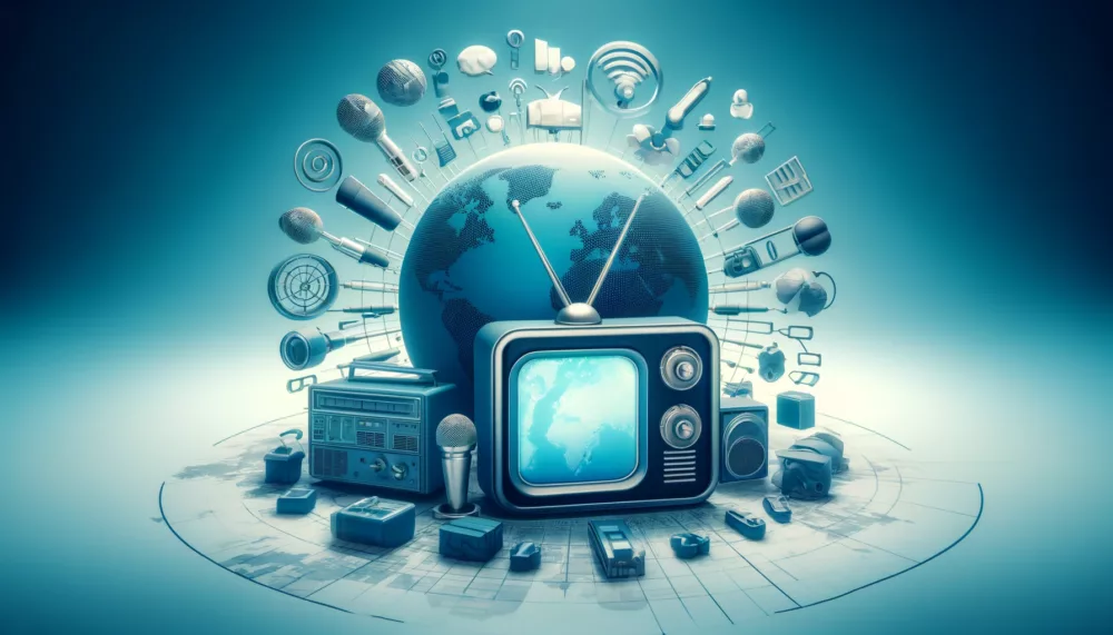 DALL·E 2024 05 21 17.23.04 A symbolic image representing public broadcasting media. The image includes a TV and a radio with antennas, placed centrally. The TV screen displays a