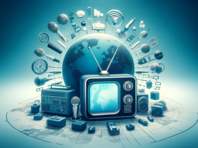DALL·E 2024 05 21 17.23.04 A symbolic image representing public broadcasting media. The image includes a TV and a radio with antennas, placed centrally. The TV screen displays a