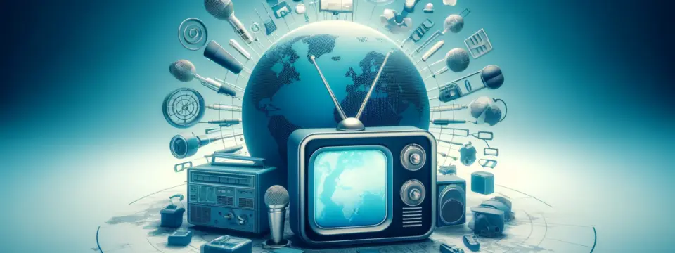 DALL·E 2024 05 21 17.23.04 A symbolic image representing public broadcasting media. The image includes a TV and a radio with antennas, placed centrally. The TV screen displays a