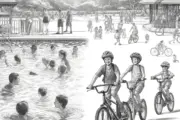 DALL·E 2024 05 21 19.48.38 A detailed pencil sketch of a lively scene featuring children swimming and cycling. On one side, children are in a swimming pool, splashing and learni