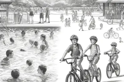 DALL·E 2024 05 21 19.48.38 A detailed pencil sketch of a lively scene featuring children swimming and cycling. On one side, children are in a swimming pool, splashing and learni