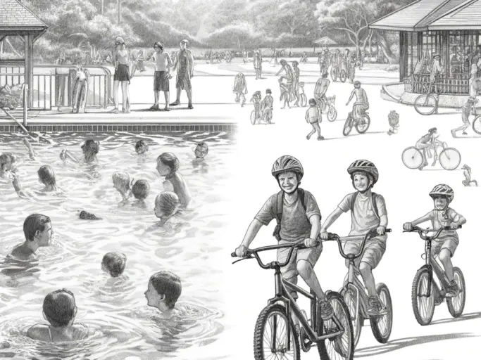 DALL·E 2024 05 21 19.48.38 A detailed pencil sketch of a lively scene featuring children swimming and cycling. On one side, children are in a swimming pool, splashing and learni