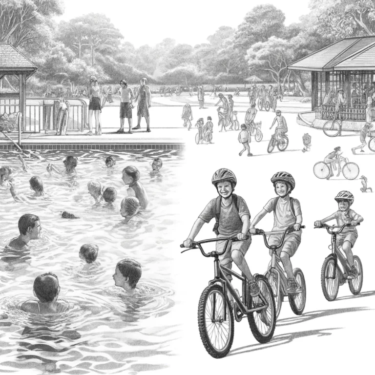 DALL·E 2024 05 21 19.48.38 A detailed pencil sketch of a lively scene featuring children swimming and cycling. On one side, children are in a swimming pool, splashing and learni