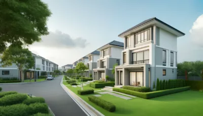 DALL·E 2024 05 23 17.17.13 A modern residential area with newly built semi detached houses. The neighborhood features clean, contemporary designs with neatly manicured lawns and
