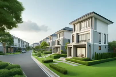 DALL·E 2024 05 23 17.17.13 A modern residential area with newly built semi detached houses. The neighborhood features clean, contemporary designs with neatly manicured lawns and
