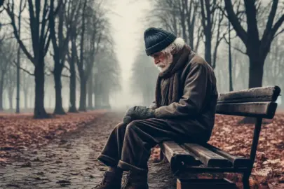 DALL·E 2024 05 23 19.11.49 An elderly person sitting alone on a bench in a desolate park during late autumn. The person is wearing worn out clothes, with a scarf and a hat to ke