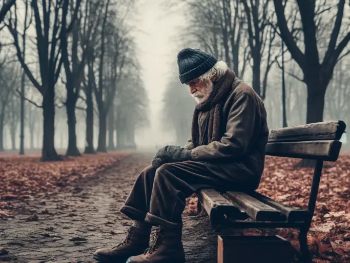 DALL·E 2024 05 23 19.11.49 An elderly person sitting alone on a bench in a desolate park during late autumn. The person is wearing worn out clothes, with a scarf and a hat to ke