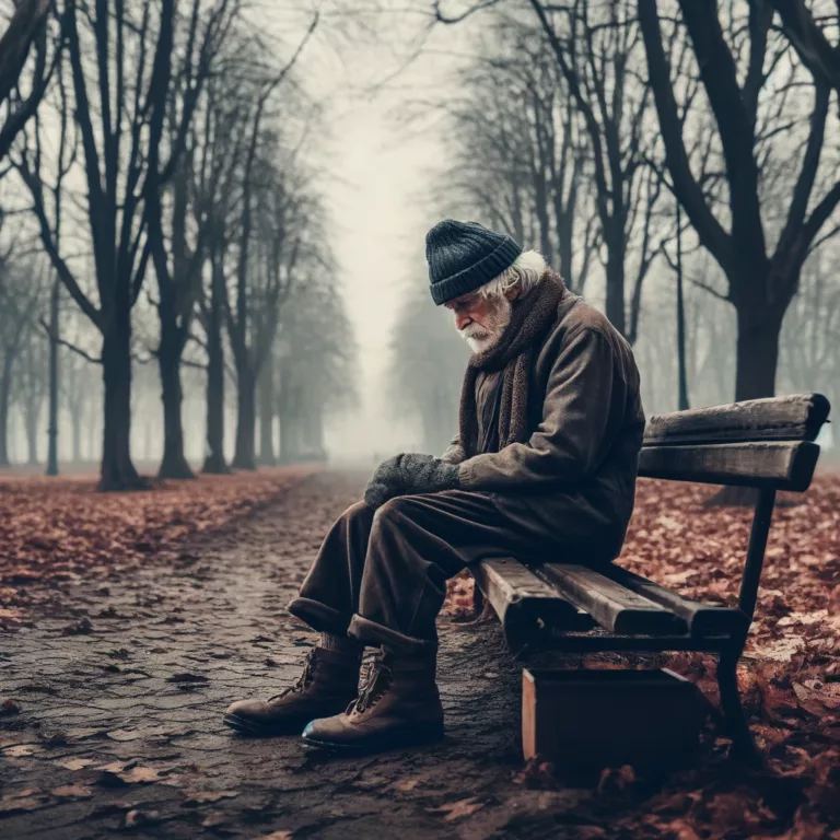 DALL·E 2024 05 23 19.11.49 An elderly person sitting alone on a bench in a desolate park during late autumn. The person is wearing worn out clothes, with a scarf and a hat to ke