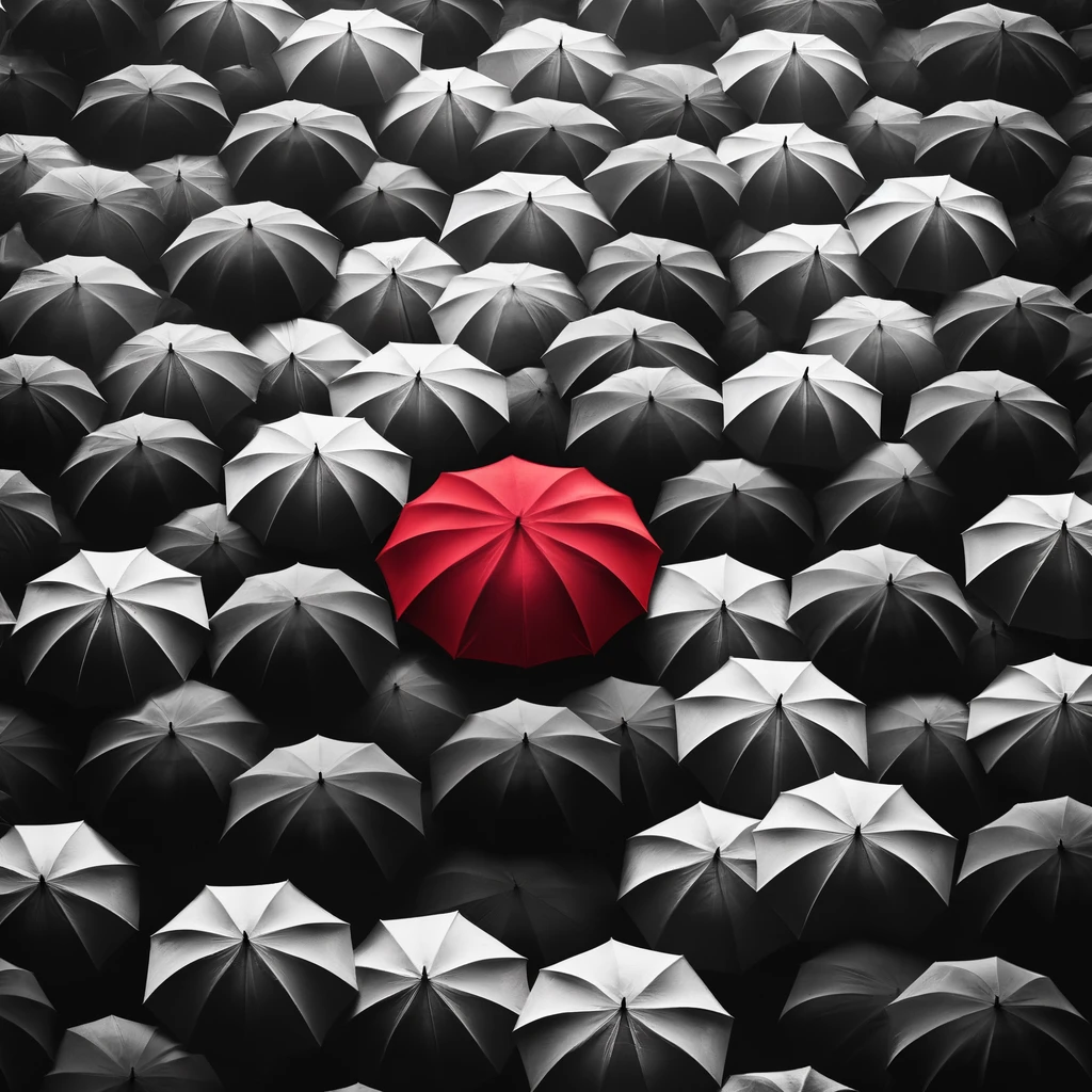DALL·E 2024 05 26 12.10.43 A black and white depiction of a crowd of umbrellas seen from above. The umbrella in the center is bright red, standing out starkly against the monoch