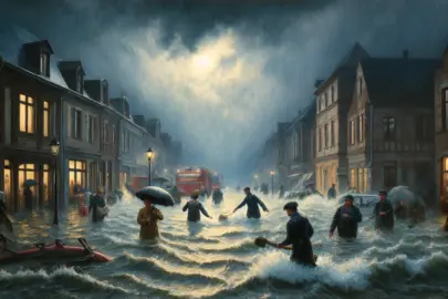 DALL·E 2024 05 31 13.13.39 An oil painting in the style of Monet A dramatic scene with heavy rain and flooded streets in a German city. People are wading through the water with