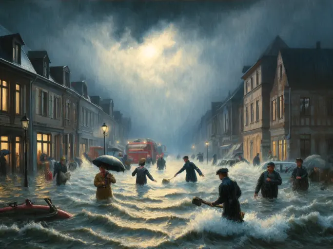 DALL·E 2024 05 31 13.13.39 An oil painting in the style of Monet A dramatic scene with heavy rain and flooded streets in a German city. People are wading through the water with