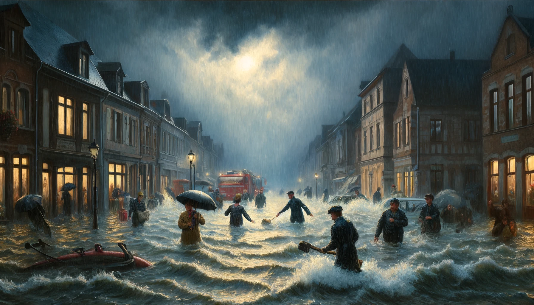 DALL·E 2024 05 31 13.13.39 An oil painting in the style of Monet A dramatic scene with heavy rain and flooded streets in a German city. People are wading through the water with