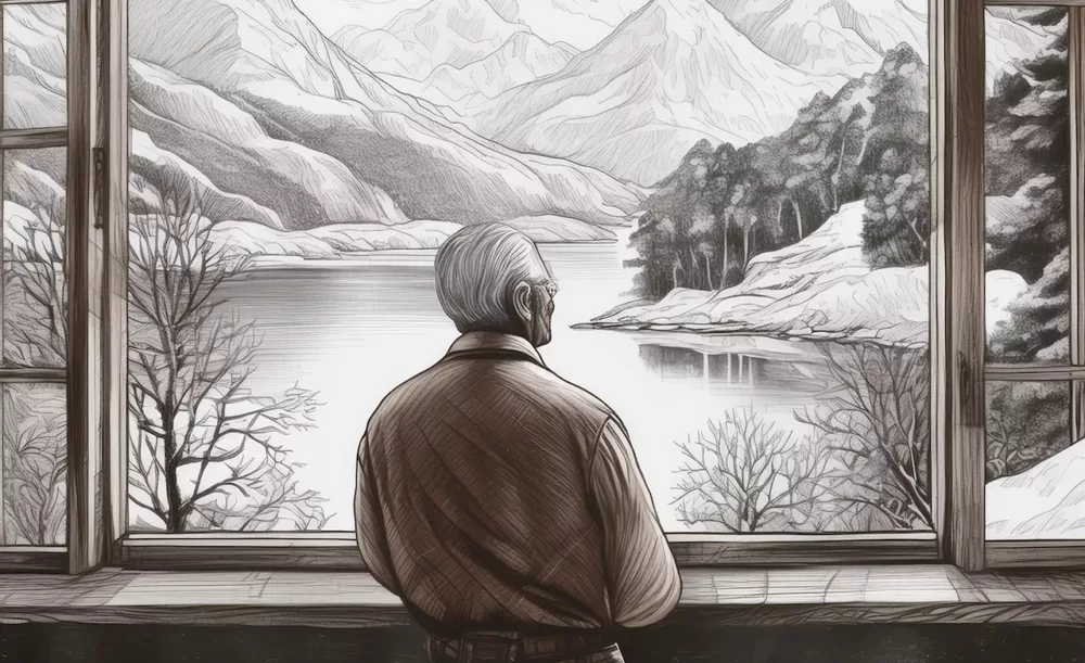 Firefly Ein alter Mann schaut nachdenklich aus einem Fenster in eine ruhige friedliche Winterlandsch