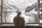 Firefly Ein alter Mann schaut nachdenklich aus einem Fenster in eine ruhige friedliche Winterlandsch