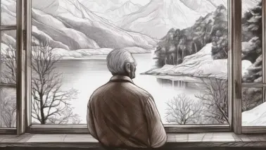 Firefly Ein alter Mann schaut nachdenklich aus einem Fenster in eine ruhige friedliche Winterlandsch