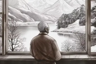 Firefly Ein alter Mann schaut nachdenklich aus einem Fenster in eine ruhige friedliche Winterlandsch