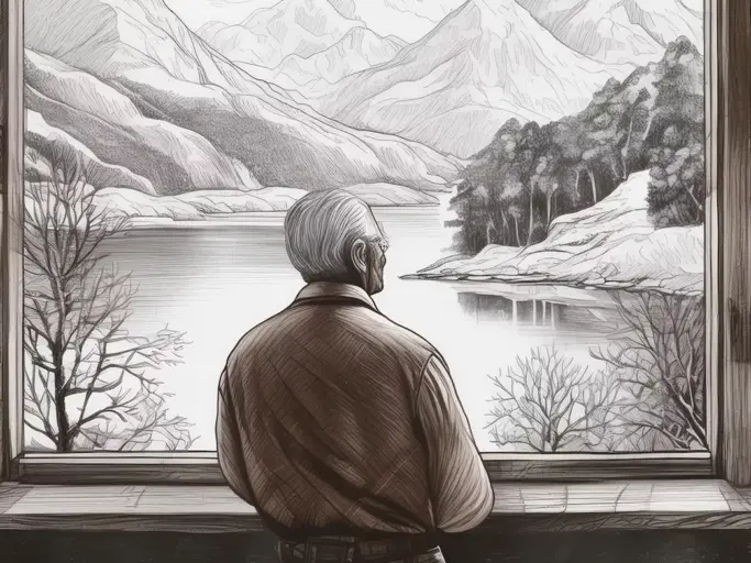 Firefly Ein alter Mann schaut nachdenklich aus einem Fenster in eine ruhige friedliche Winterlandsch