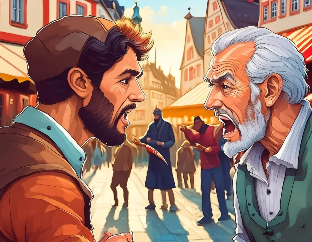 Firefly Ein junger und ein alter Mann beschimpfen sich auf einem Marktplatz in Deutschland. Es herrs
