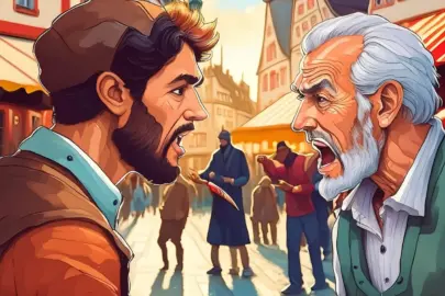 Firefly Ein junger und ein alter Mann beschimpfen sich auf einem Marktplatz in Deutschland. Es herrs