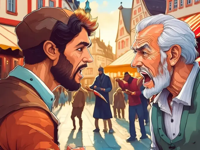 Firefly Ein junger und ein alter Mann beschimpfen sich auf einem Marktplatz in Deutschland. Es herrs