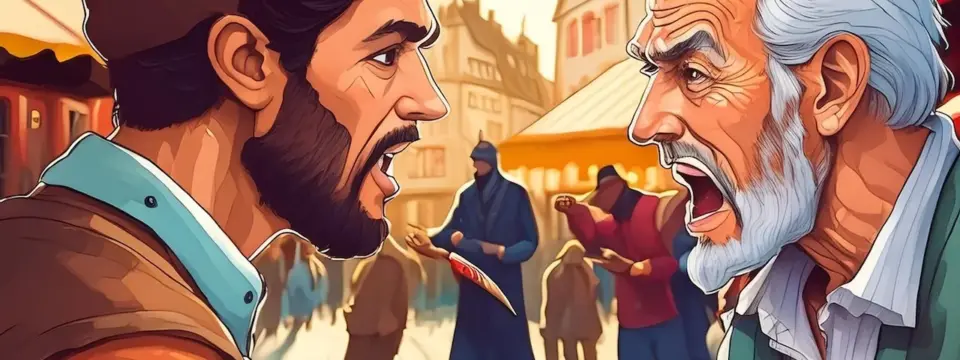 Firefly Ein junger und ein alter Mann beschimpfen sich auf einem Marktplatz in Deutschland. Es herrs