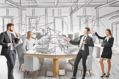 Firefly Journalistinnen und Journalisten tummeln sich in einem großen modernen mit elektronischen Me