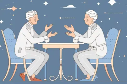 Firefly Strichzeichnung.. Zwei alte, weißhaarige Männer sitzen sich an einem Tisch gegenüber diskuti(4)