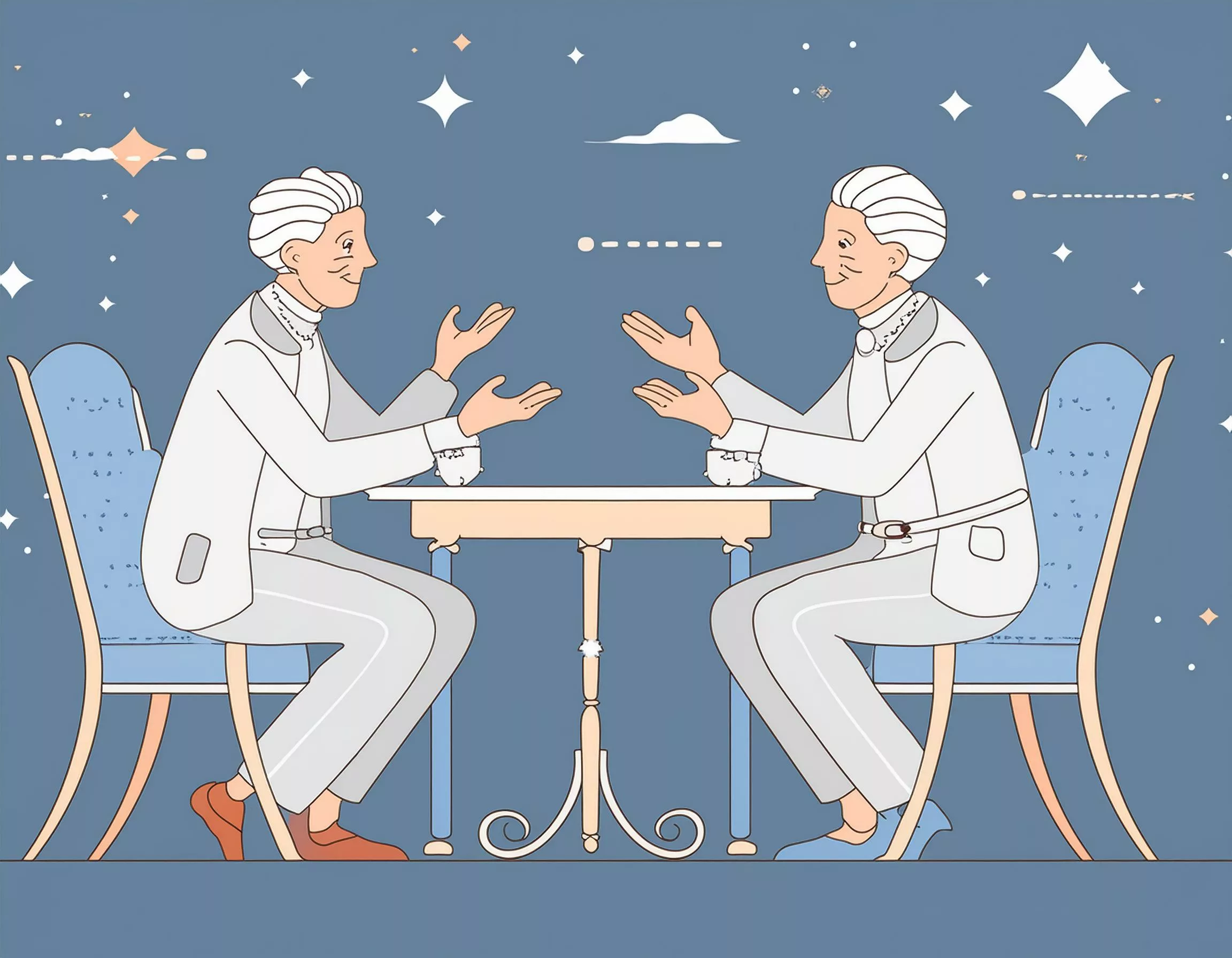 Firefly Strichzeichnung.. Zwei alte, weißhaarige Männer sitzen sich an einem Tisch gegenüber diskuti(4)
